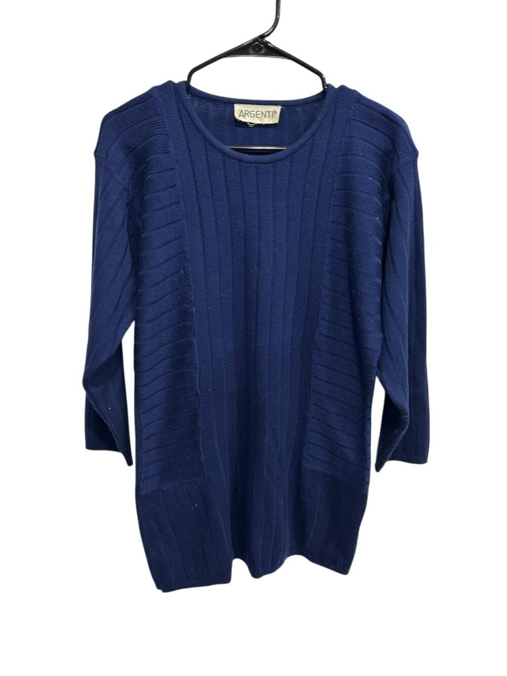 Argenti Womens Blue Ribbed Knit Crewneck Long Sleeves Sweater Preppy Minimalist
